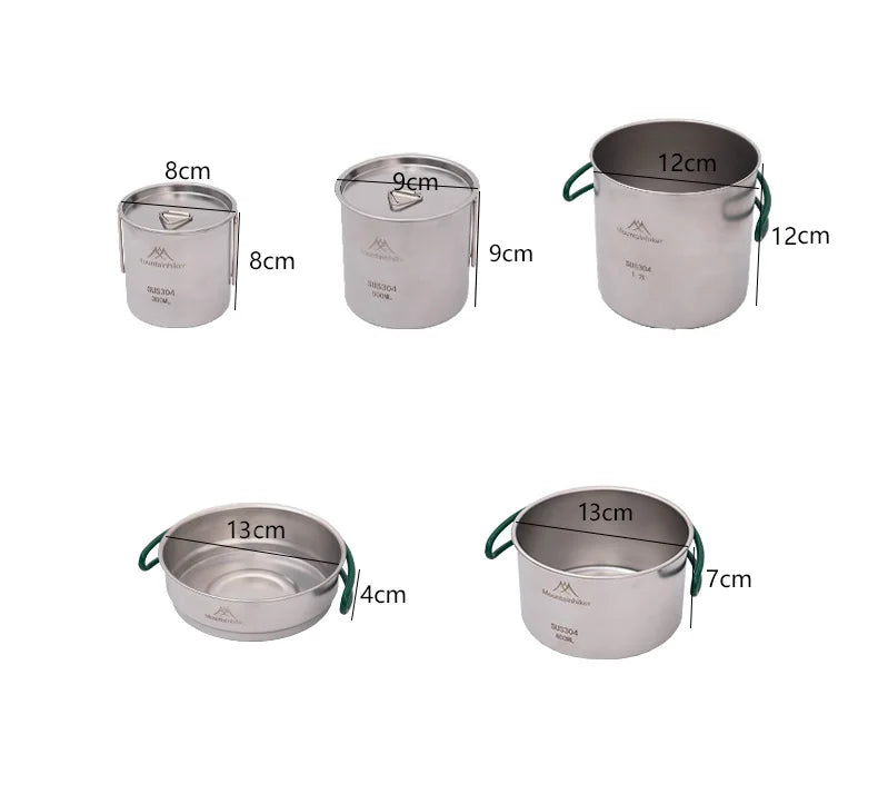 MOUNTAINHIKER 5PCS Camping Cookware 304 Stainless Steel Portable Outdoor Tableware Cookset Cooking Kit Pan Pot Hiking BBQ Picnic