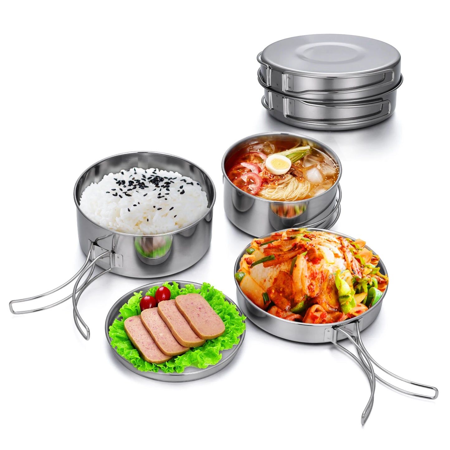 4Pcs/set Stainless Steel Camping Cookware Set - Pot, Bowl & Utensils for Hiking, Picnic, Outdoor Cooking Portable Nesting Design