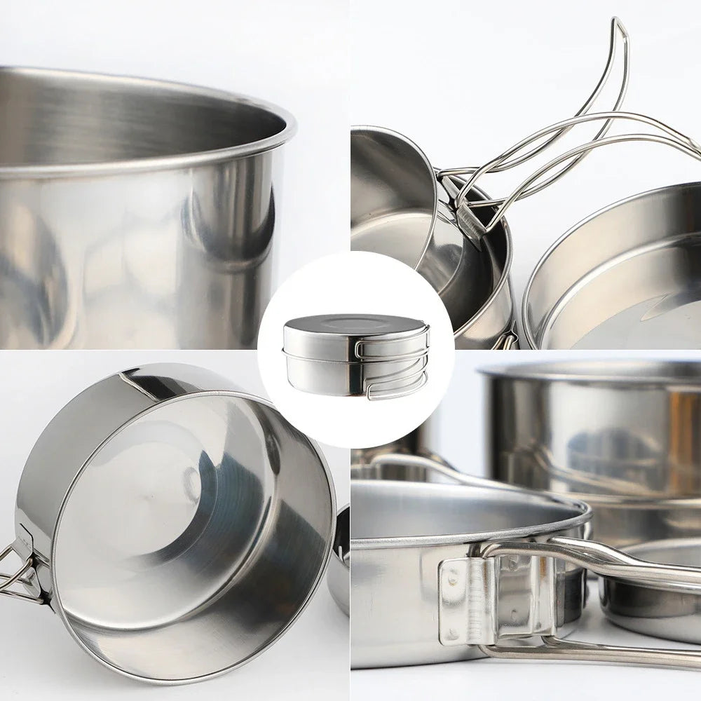 4Pcs/set Stainless Steel Camping Cookware Set - Pot, Bowl & Utensils for Hiking, Picnic, Outdoor Cooking Portable Nesting Design