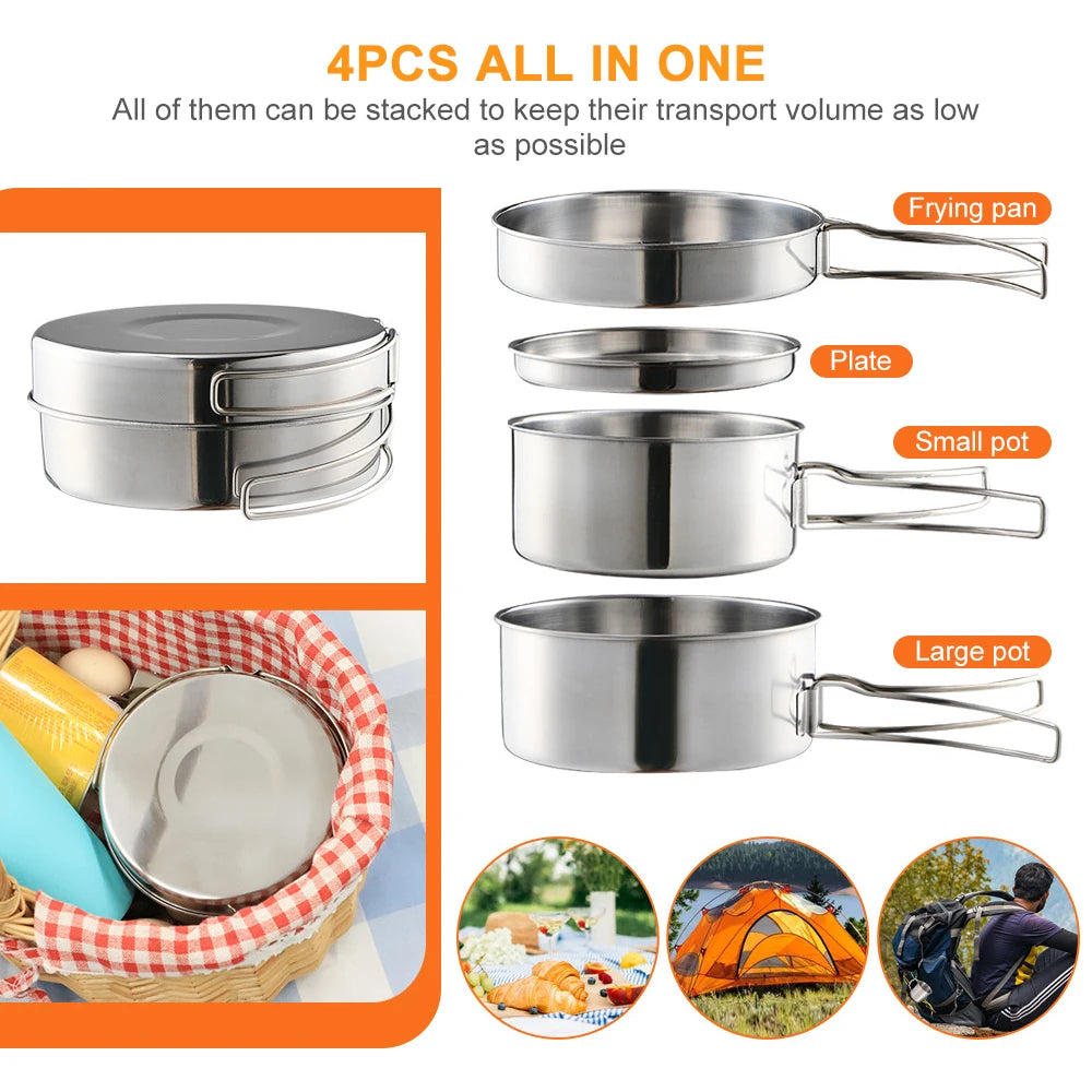 4Pcs/set Stainless Steel Camping Cookware Set - Pot, Bowl & Utensils for Hiking, Picnic, Outdoor Cooking Portable Nesting Design
