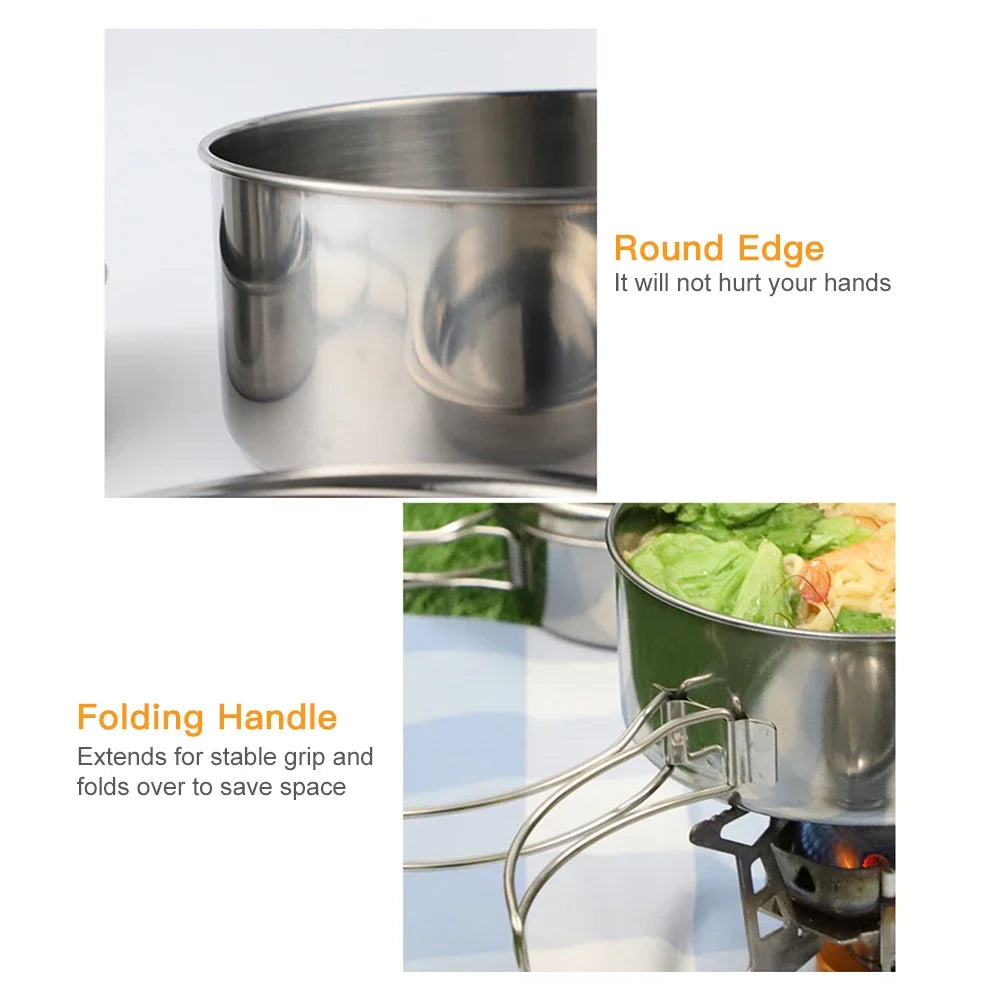 4Pcs/set Stainless Steel Camping Cookware Set - Pot, Bowl & Utensils for Hiking, Picnic, Outdoor Cooking Portable Nesting Design