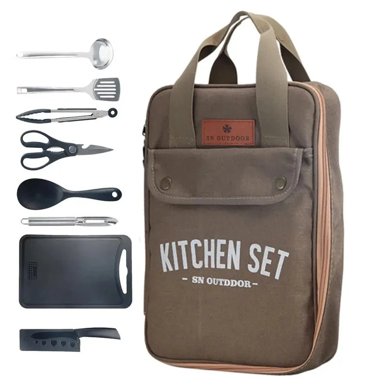 8pcs Camping Kitchen Cookware Set Portable Outdoor Travel Utensils Stainless Steel Cooking and Grilling Set for BBQ Picnic