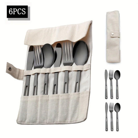 6PCS Stainless Steel Camping Cutlery Set Portable Travel Picnic Utensils Fork Spoon Knife Outdoor Dinnerware for Hiking