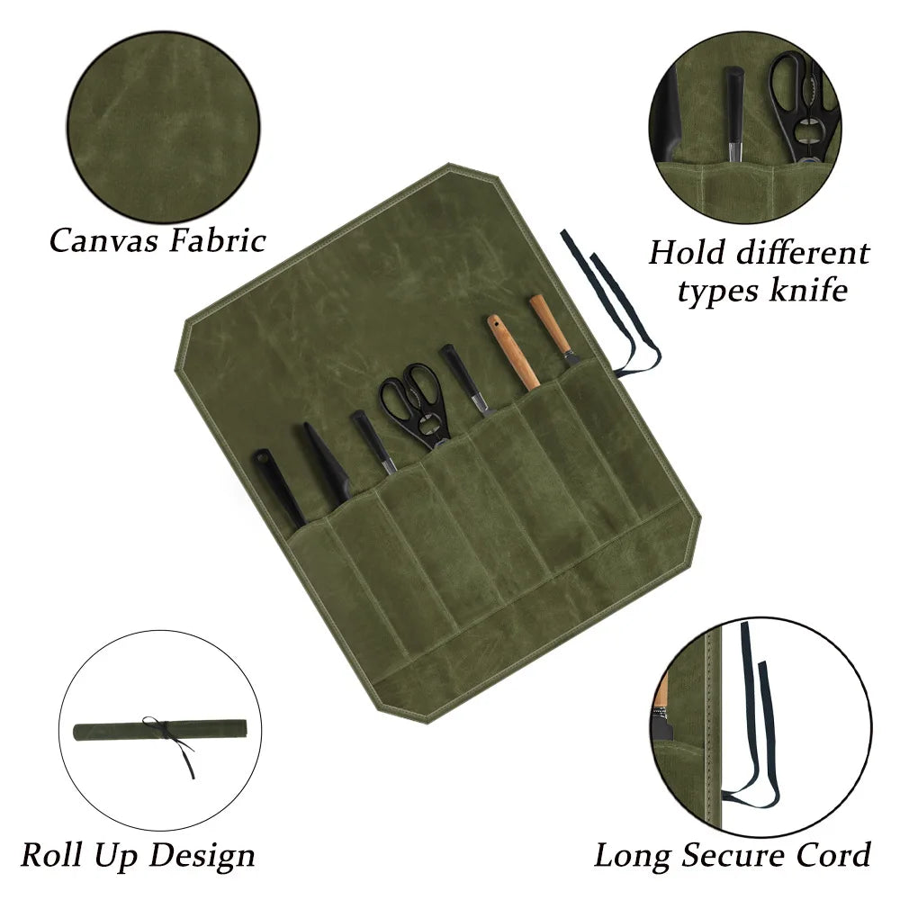 Chef Knife Bag Kitchen Roll Bag Heavy Duty Canvas Waxed Canvas Portable Durable Waterproof Knife Storage Camping BBQ
