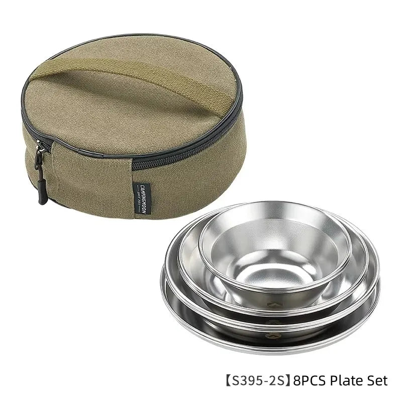 CAMPINGMOON Stainless Steel 304 Bowl Plate Dish Camping Cookware Set Japan Korea Style BBQ Outdoor Dish 8 Piece With Plate Set
