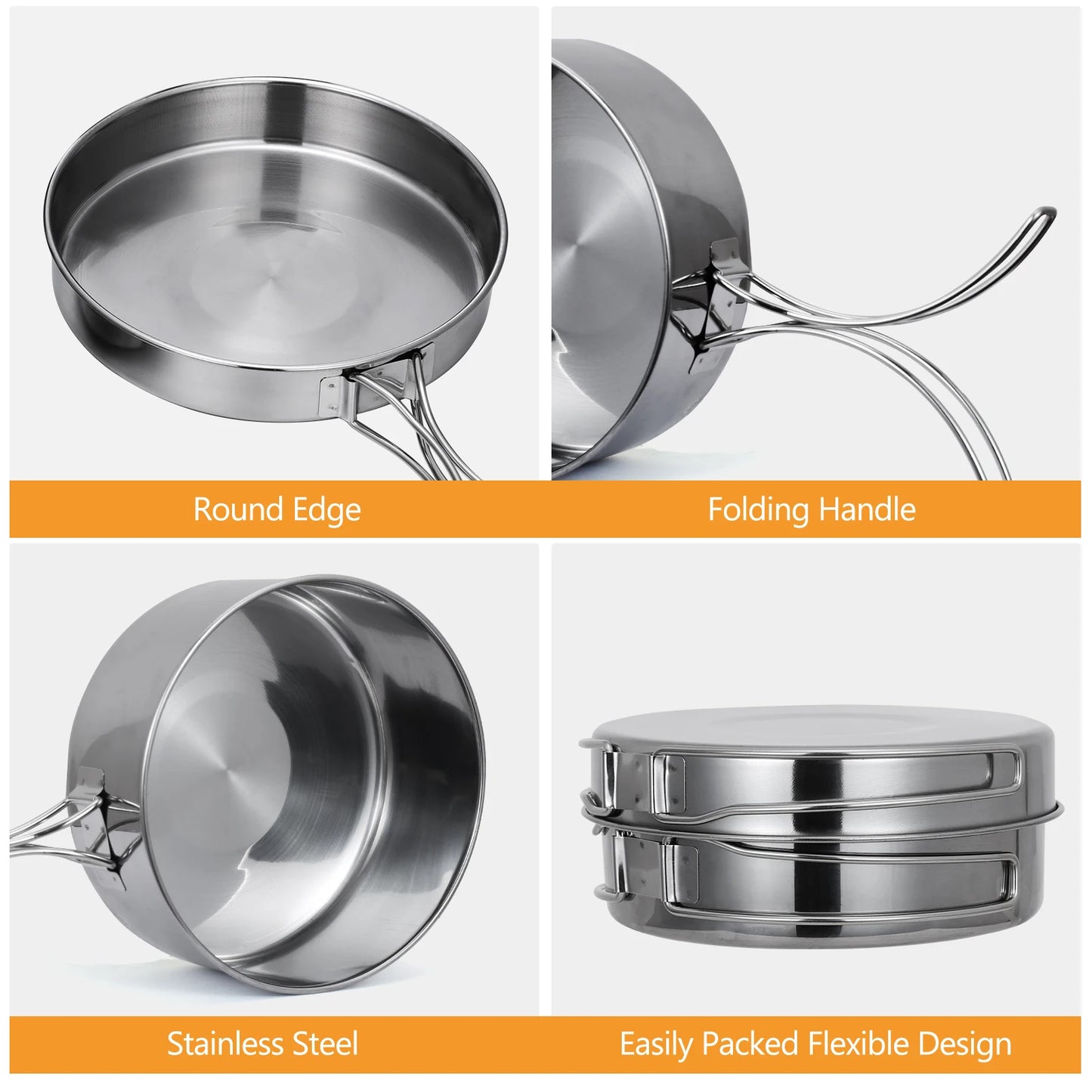 4Pcs/set Stainless Steel Camping Cookware Set - Pot, Bowl & Utensils for Hiking, Picnic, Outdoor Cooking Portable Nesting Design