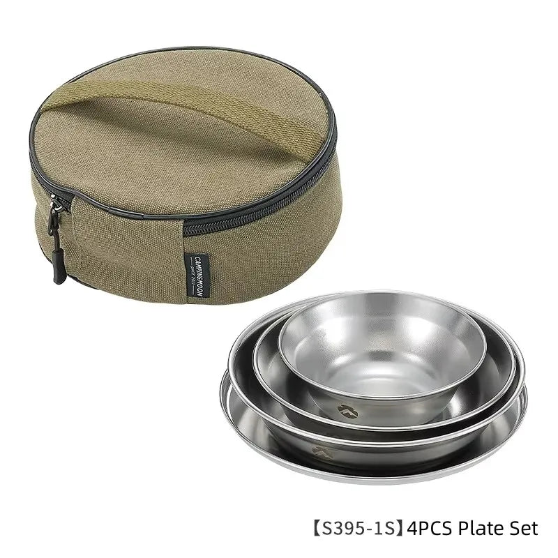 CAMPINGMOON Stainless Steel 304 Bowl Plate Dish Camping Cookware Set Japan Korea Style BBQ Outdoor Dish 8 Piece With Plate Set