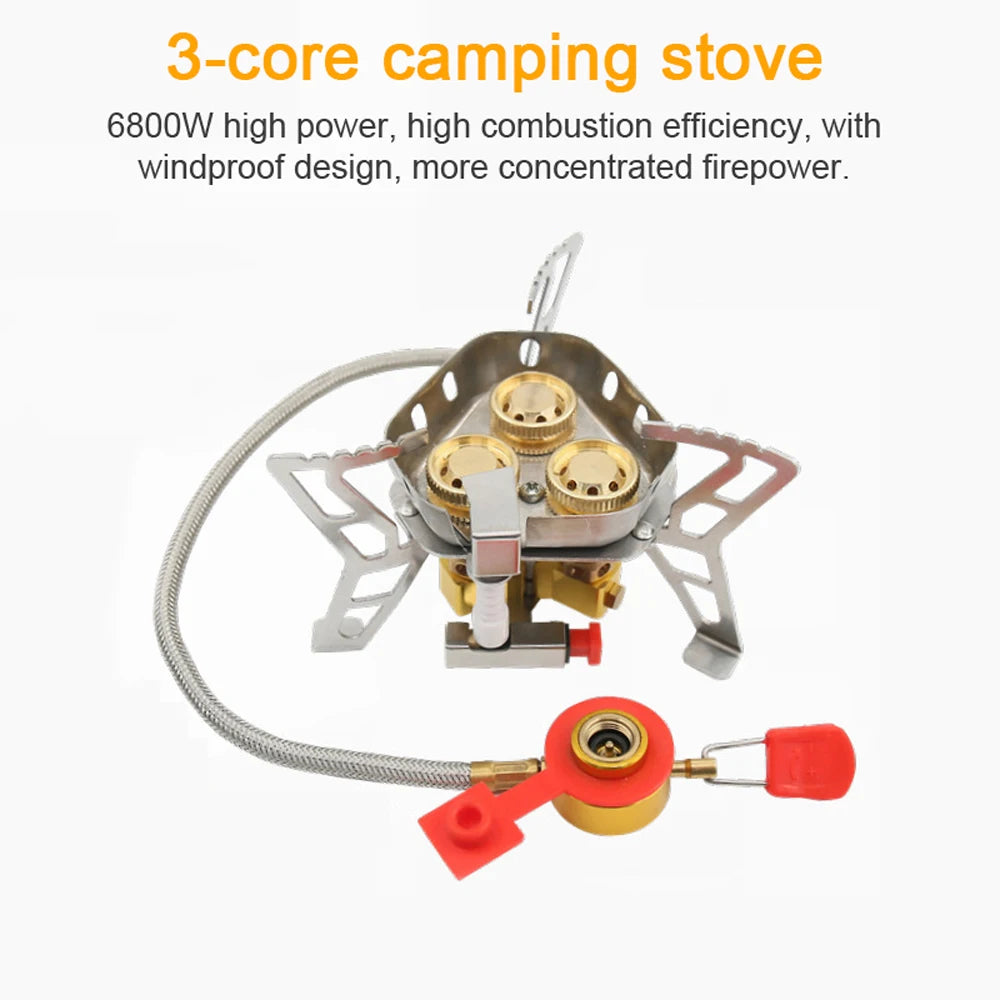 6800W High Power Outdoor Stove 3-Core Gases Burner Windproof Camping Stove with Adjustable Valve for Hiking Picnic Cooking