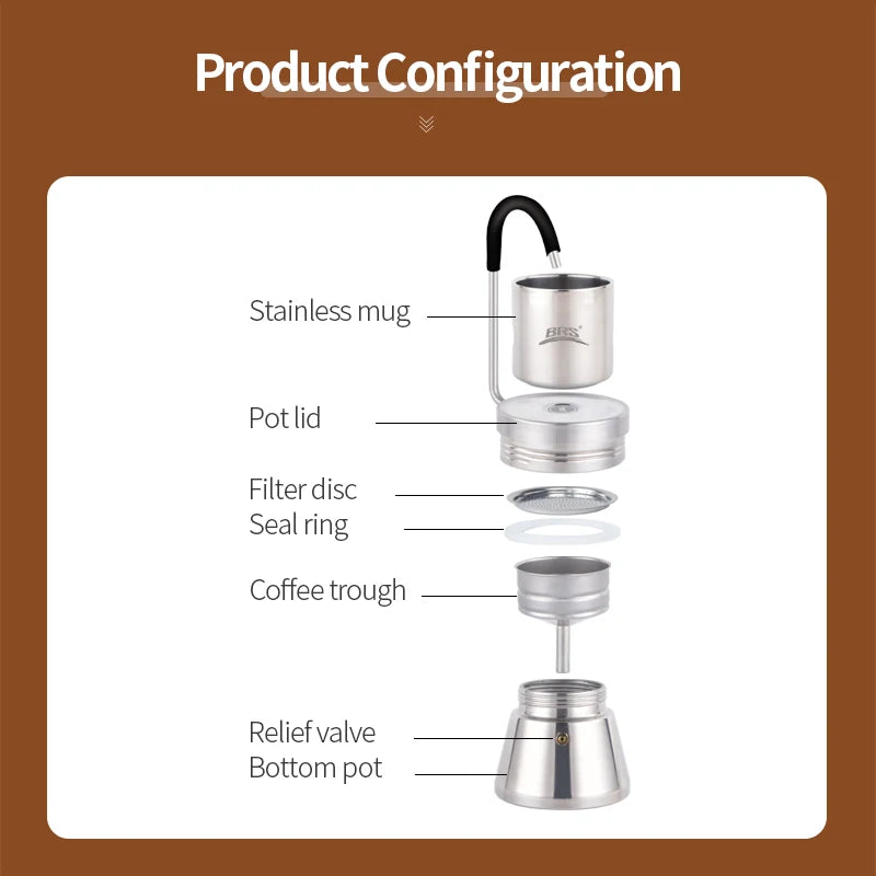 BRS Camping Stovetop Coffee Distiller Outdoor Brewed Coffee Grinder Maker Stainless Steel Moka Pot for Picnic Office Home