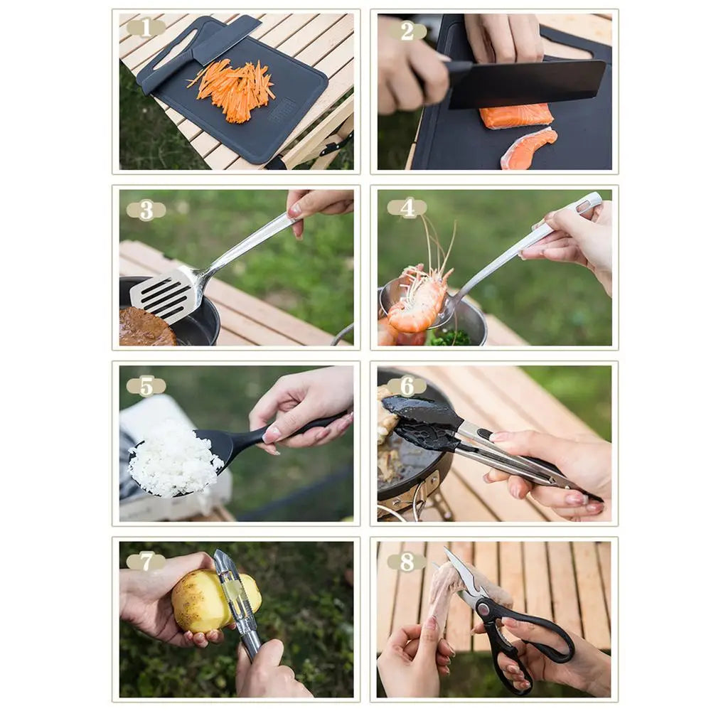 8pcs Camping Kitchen Cookware Set Portable Outdoor Travel Utensils Stainless Steel Cooking and Grilling Set for BBQ Picnic