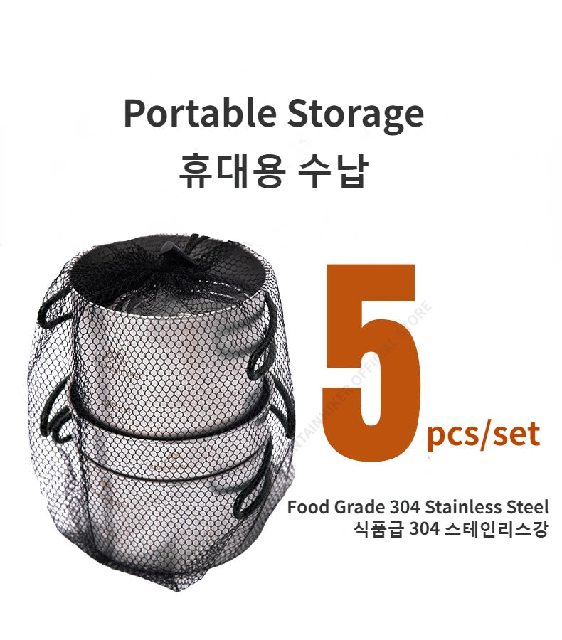 MOUNTAINHIKER 5PCS Camping Cookware 304 Stainless Steel Portable Outdoor Tableware Cookset Cooking Kit Pan Pot Hiking BBQ Picnic